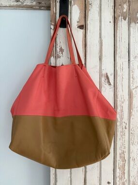 Authentic Celine Coral and Brown Two-Tone Tote Bag